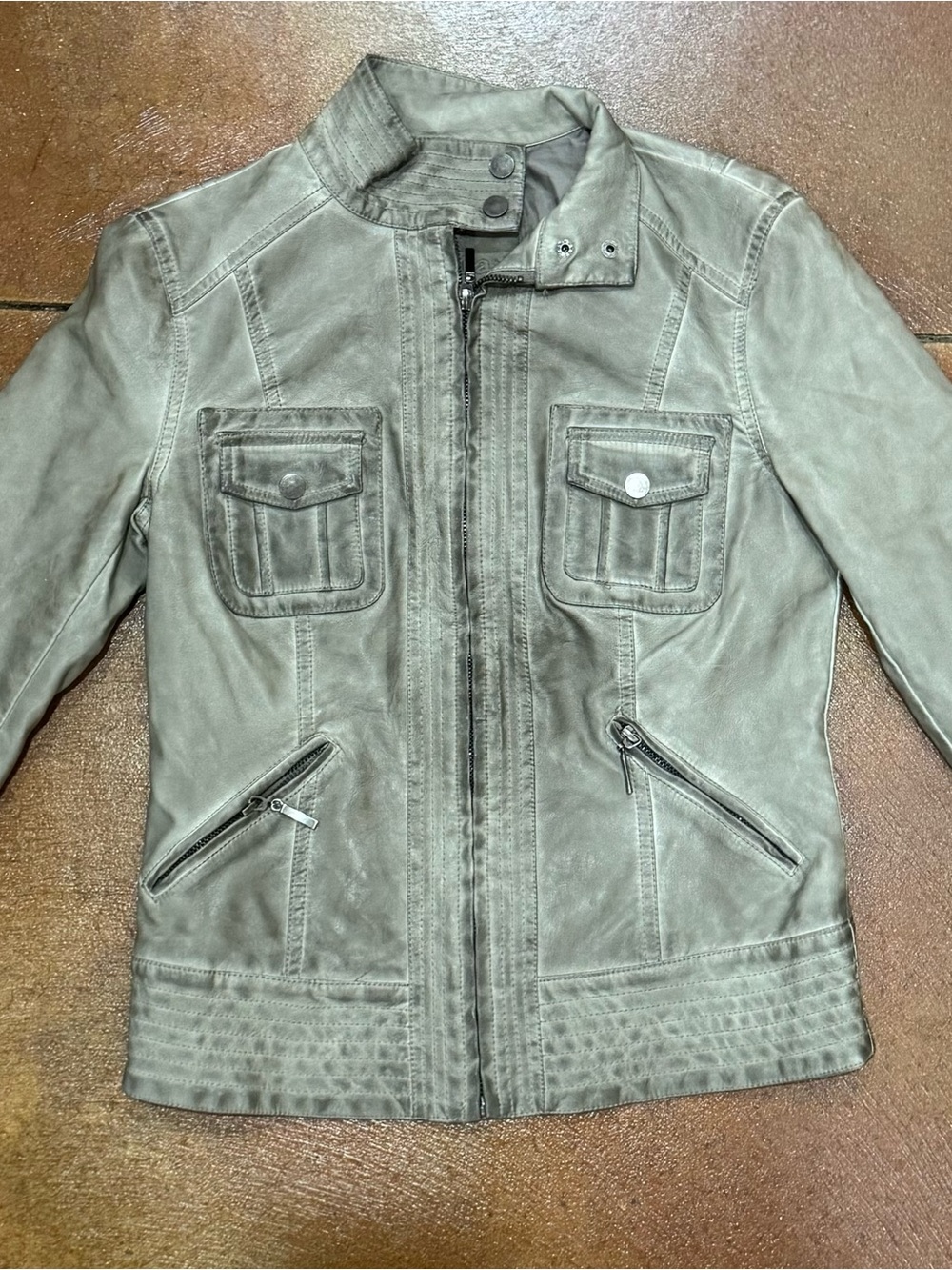 Sophie Max Olive Grey Suede-Style Leather Jacket